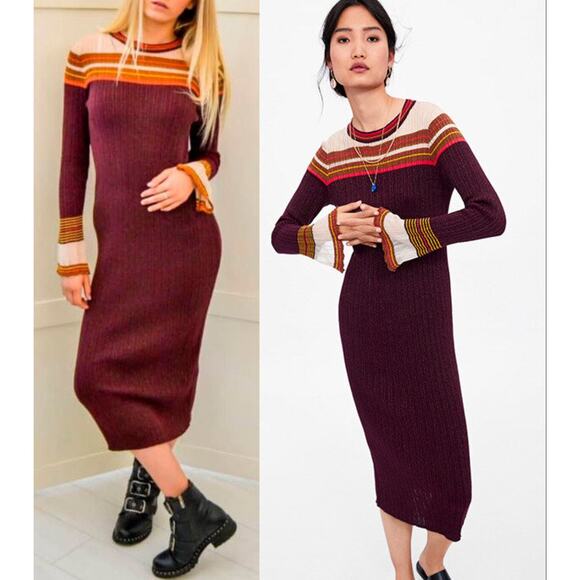 Zara Ribbed Knit Shimmer Sweater Dress Metallic Bell Sleeves Long Burgundy Large - Picture 10 of 12